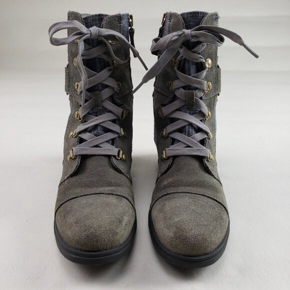 Sorel Major Carly Suede Boot Womens 8 Gray Blue Denim Ankle Side Zip Moto Combat - Picture 5 of 11